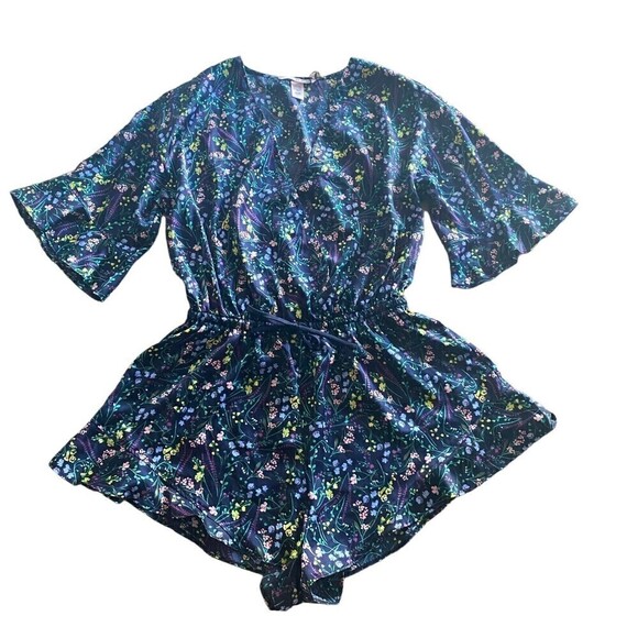 Victoria’s Secret Floral Satin Sleep Romper Shorts Small Navy Blue Ruffles - Picture 1 of 8